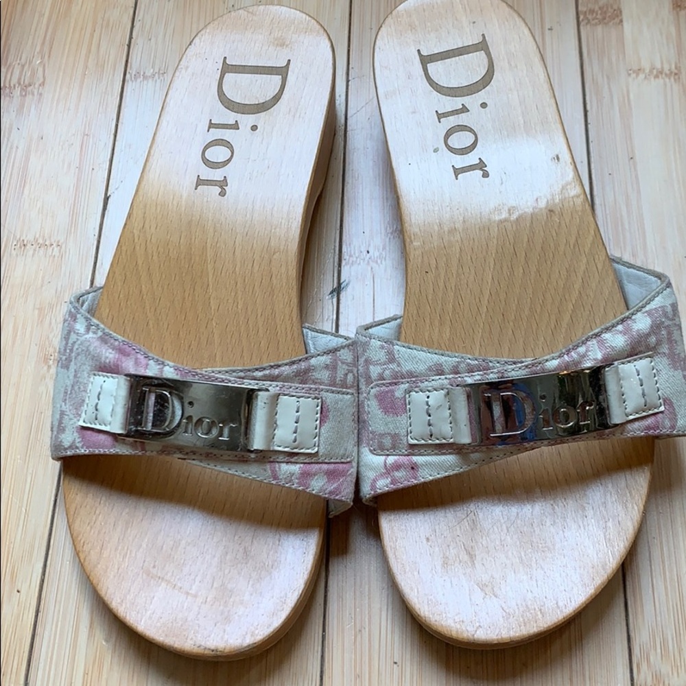 Christian Dior Pink Floral Wooden Slides Size 7